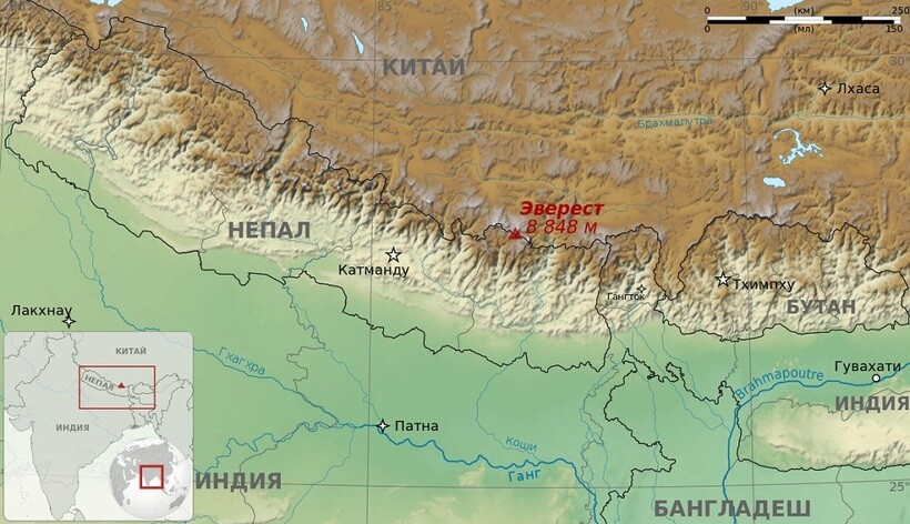 Emplacement de l'Everest sur la carte du monde